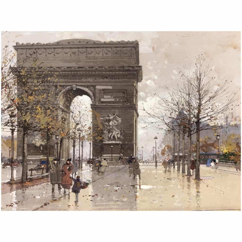 GALIEN LALOUE Eugène Peinture Française 20è siècle Paris Animation sur les Champs Elysées et l’Arc de Triomphe Gouache Signée 6