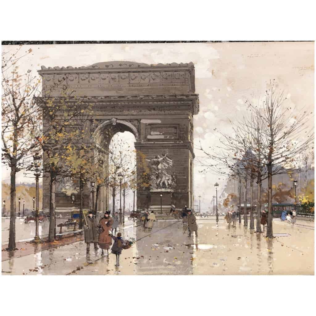 GALIEN LALOUE Eugène French Painting 20th Century Paris Animation on the Champs Elysées and the Arc de Triomphe Gouache Signed 12