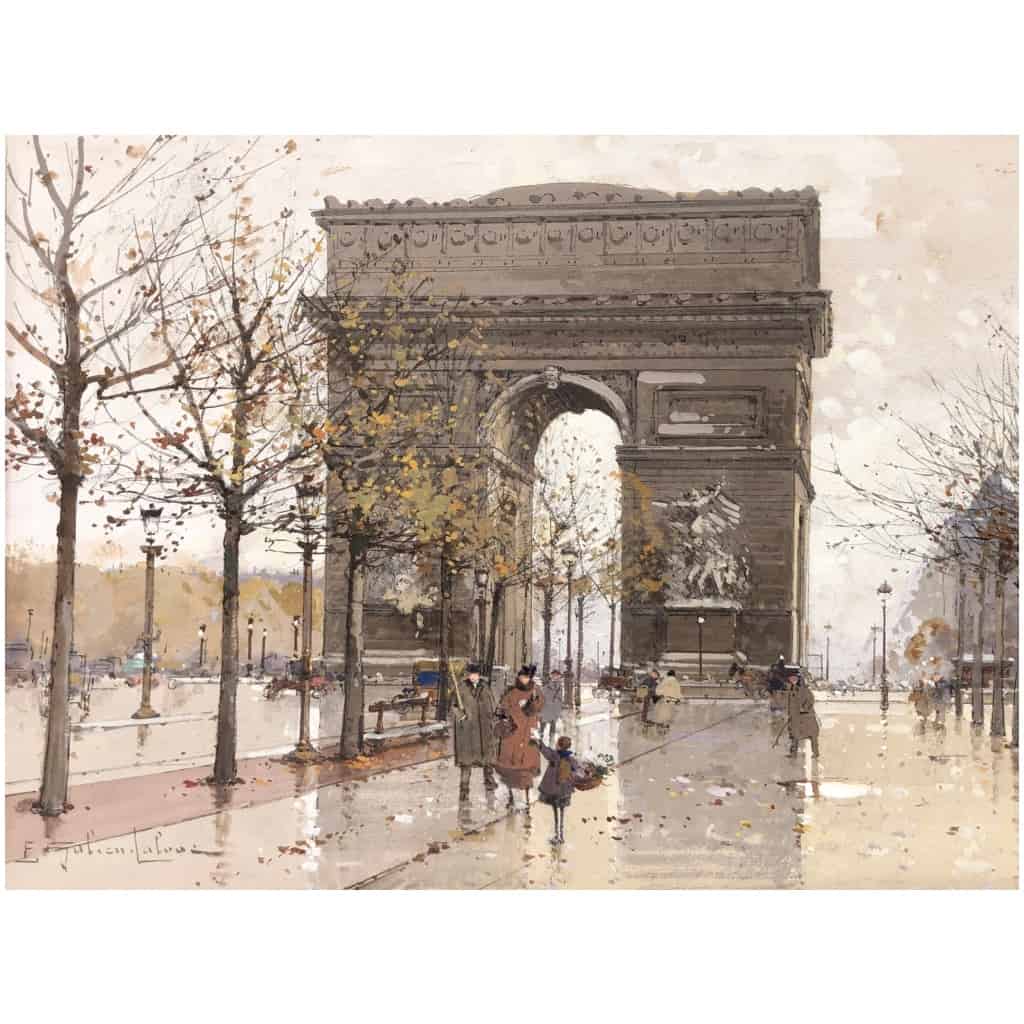 GALIEN LALOUE Eugène French Painting 20th Century Paris Animation on the Champs Elysées and the Arc de Triomphe Gouache Signed 11