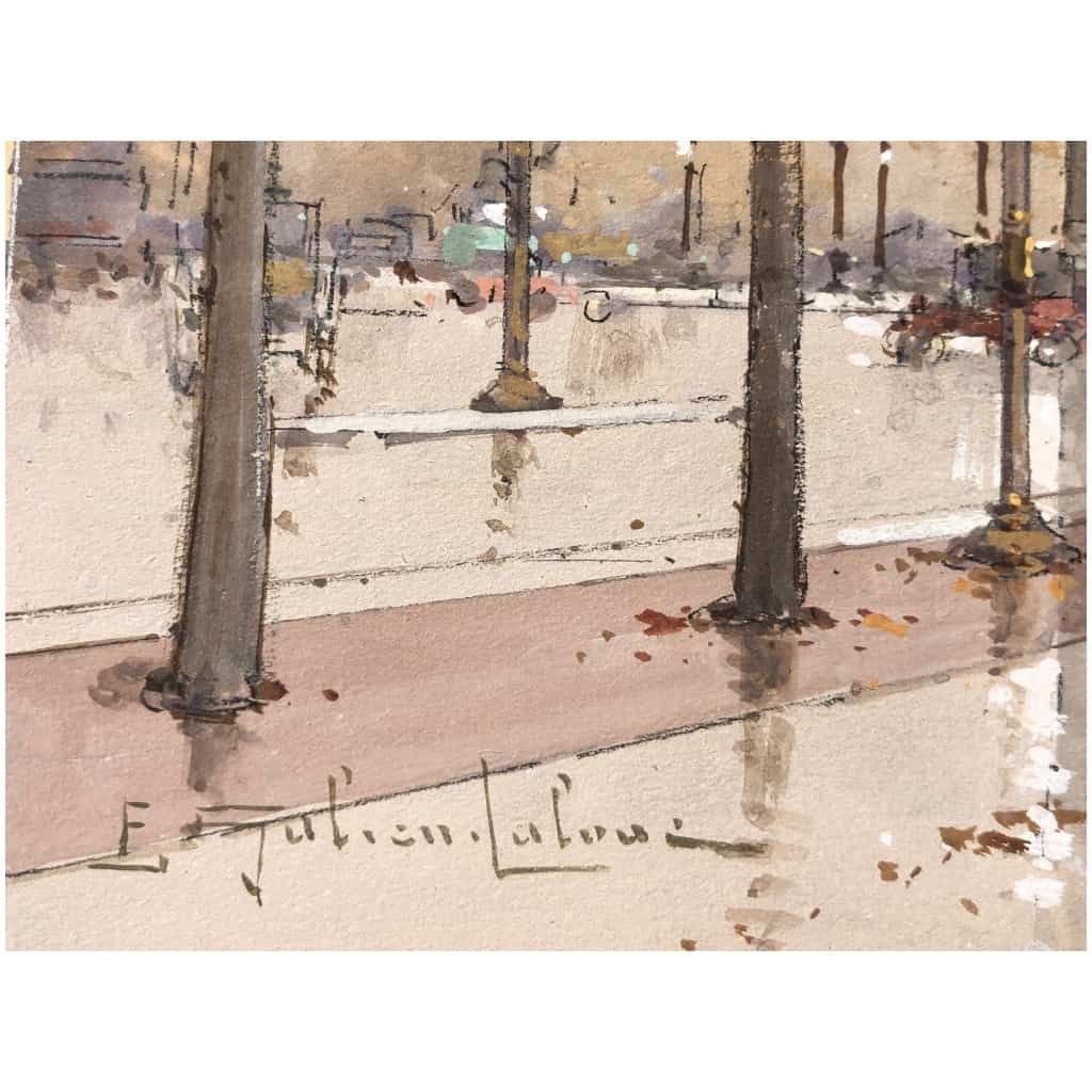 GALIEN LALOUE Eugène French Painting 20th Century Paris Animation on the Champs Elysées and the Arc de Triomphe Gouache Signed 10