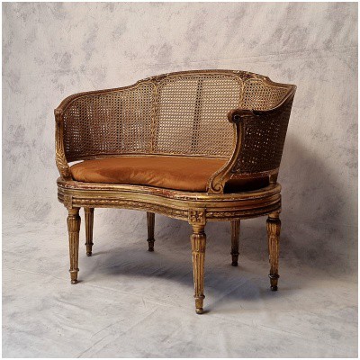 Small Louis style sofa XVI – Caning & Golden Wood – 19th