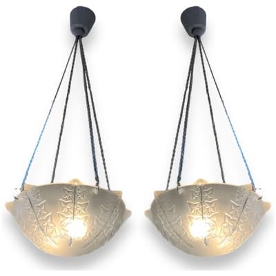 1927 René Lalique - Pair Of Suspensions Ceiling Chandeliers Lierre White Glass