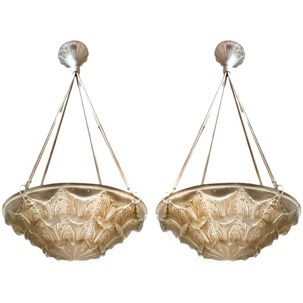 1927 René Lalique – Pair Of Suspensions Ceiling Chandeliers Gaillon White Glass Patinated Sepia 4