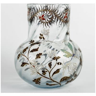 Emile Gallé – Vase Cristallerie Libellule Et Chrysanthèmes Verre Clair De Lune Emaillé