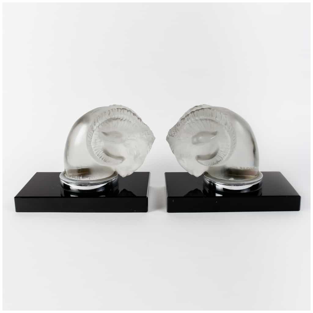1928 René Lalique - Pair Of Car Mascot Bookends Head Of Belier Glass 3