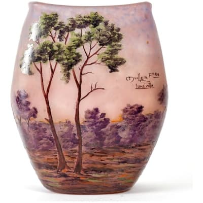 Muller Frères Lunéville – Vase Paysage Verre Marmoréen Dégagé à l’Acide Et Emaillé