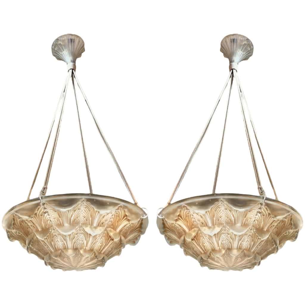 1927 René Lalique – Pair Of Suspensions Ceiling Chandeliers Gaillon White Glass Patinated Sepia 3