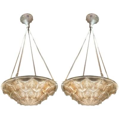 1927 René Lalique – Pair Of Suspensions Ceiling Chandeliers Gaillon White Glass Patinated Sepia