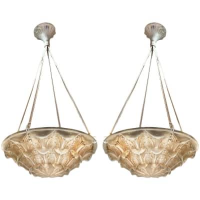 1927 René Lalique – Pair Of Suspensions Ceiling Chandeliers Gaillon White Glass Patinated Sepia