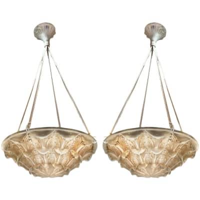 1927 René Lalique – Pair Of Suspensions Ceiling Chandeliers Gaillon White Glass Patinated Sepia 3