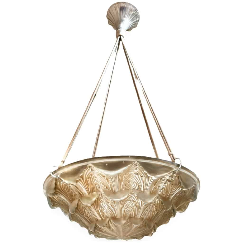 1927 René Lalique – Pair Of Suspensions Ceiling Chandeliers Gaillon White Glass Patinated Sepia 7