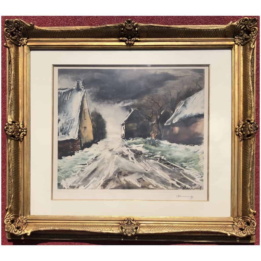 VLAMINCK Maurice de Rue de village enneigée Estampe originale signée et numérotée. 9