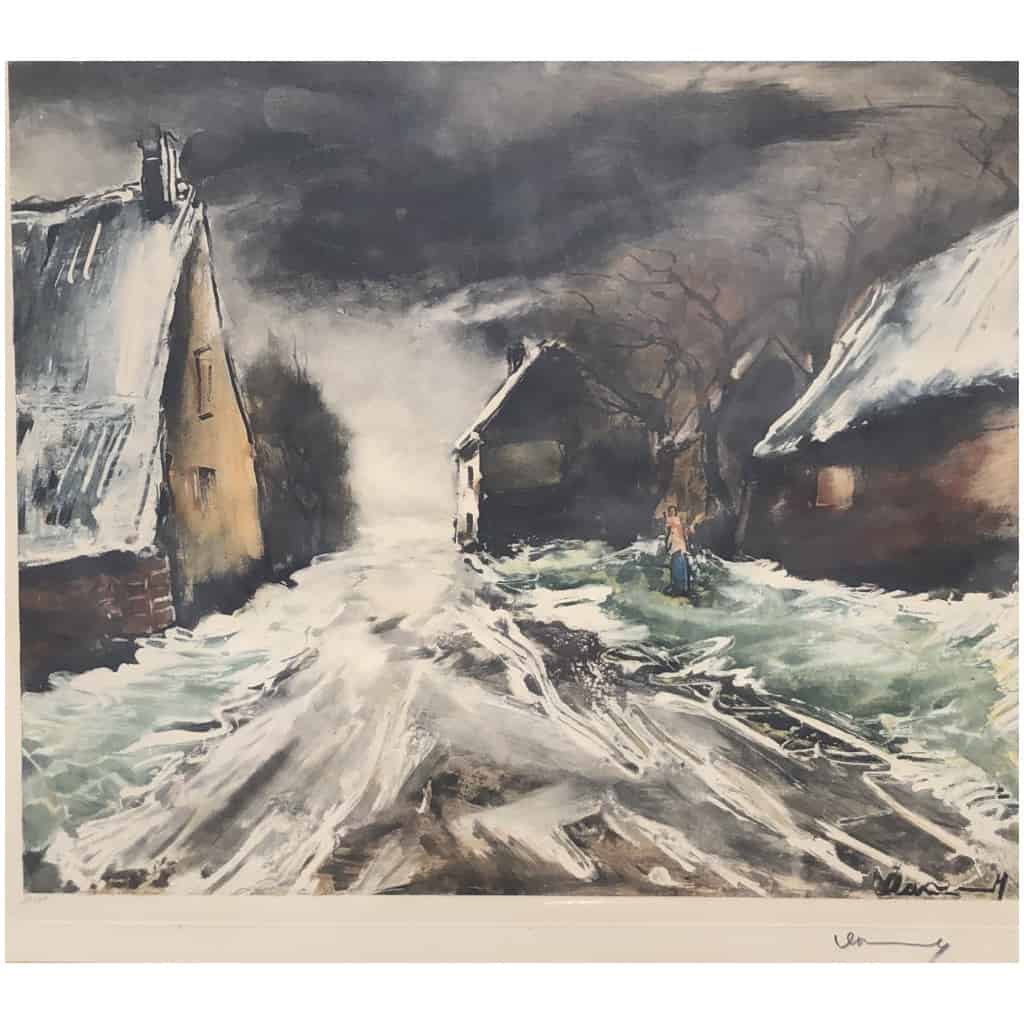 VLAMINCK Maurice de Rue de village enneigée Estampe originale signée et numérotée. 8