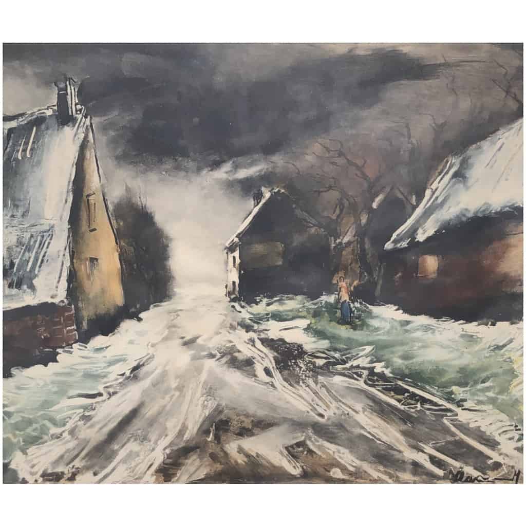 VLAMINCK Maurice de Rue de village enneigée Estampe originale signée et numérotée. 7