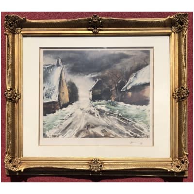 VLAMINCK Maurice de Rue de village enneigée Estampe originale signée et numérotée.