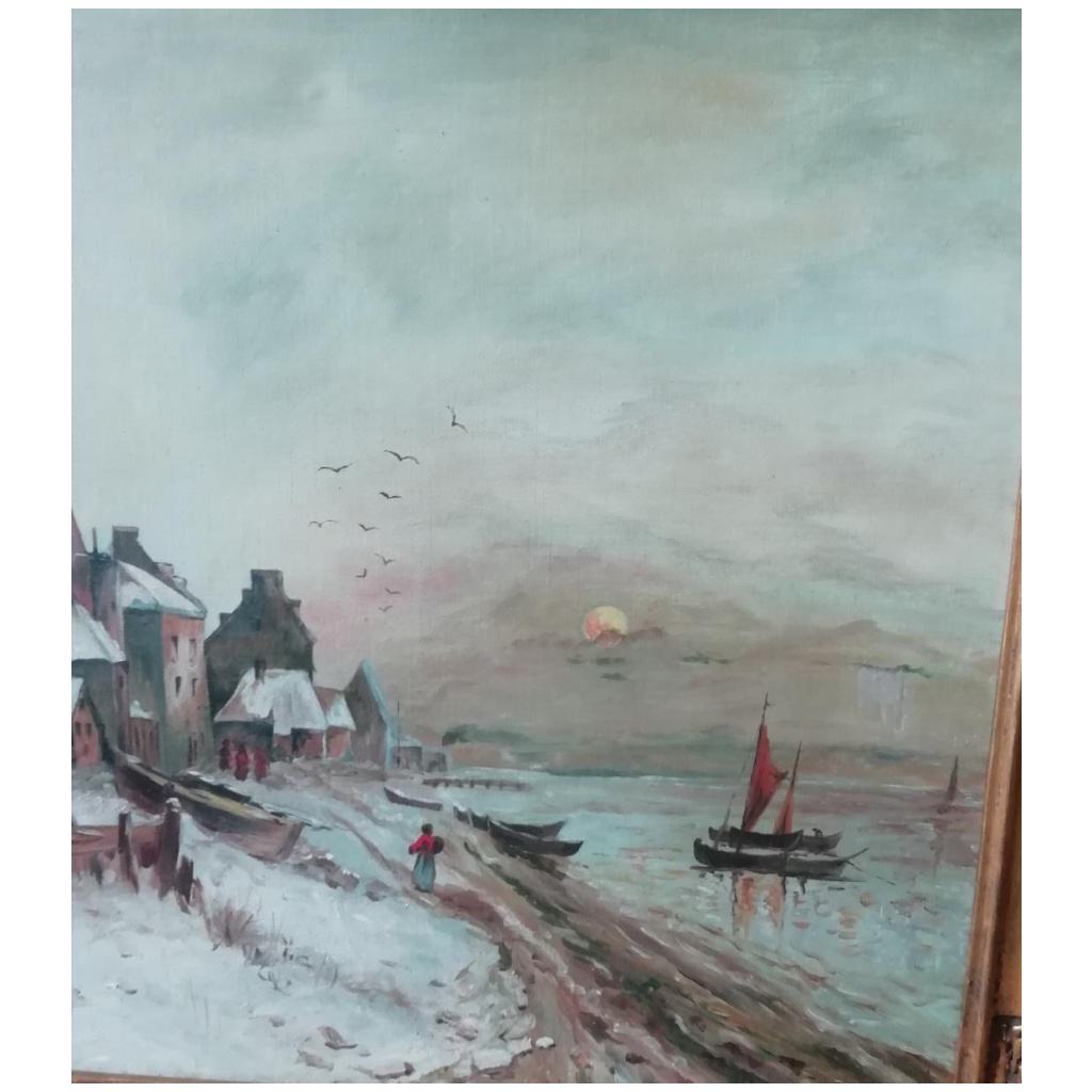 Tableau Huile sur toile  » paysage de neige » signé ARRIGHI datée 1906 avec cadre d’origine 5
