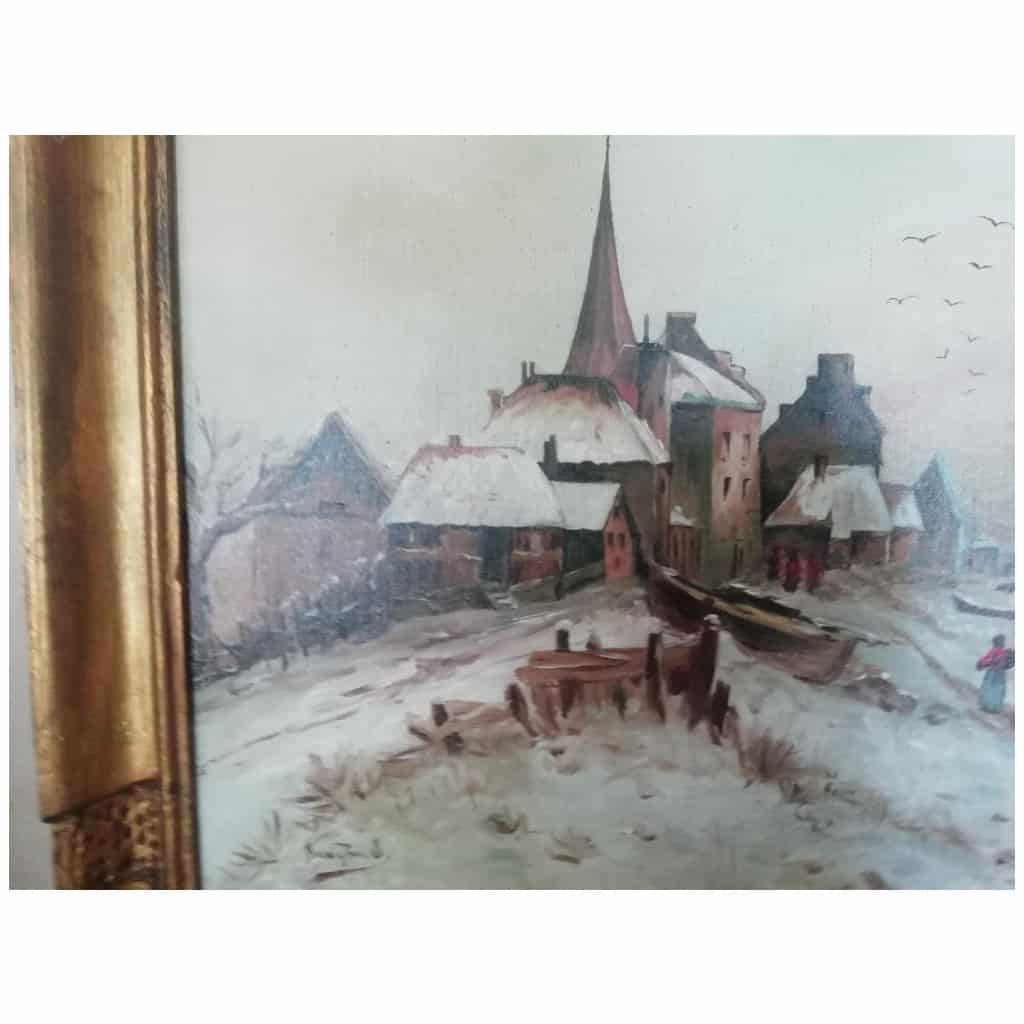 Tableau Huile sur toile  » paysage de neige » signé ARRIGHI datée 1906 avec cadre d’origine 7