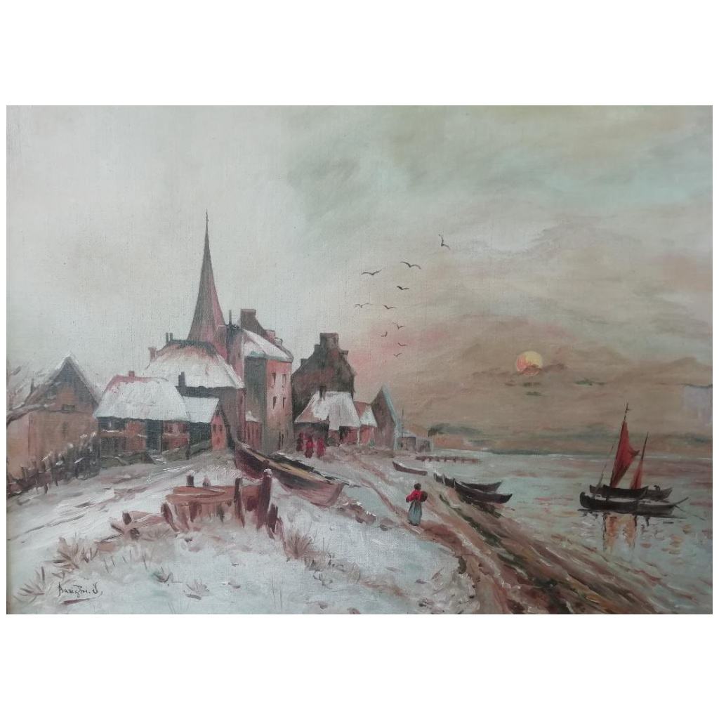 Tableau Huile sur toile  » paysage de neige » signé ARRIGHI daté 1906 avec cadre d’origine 4