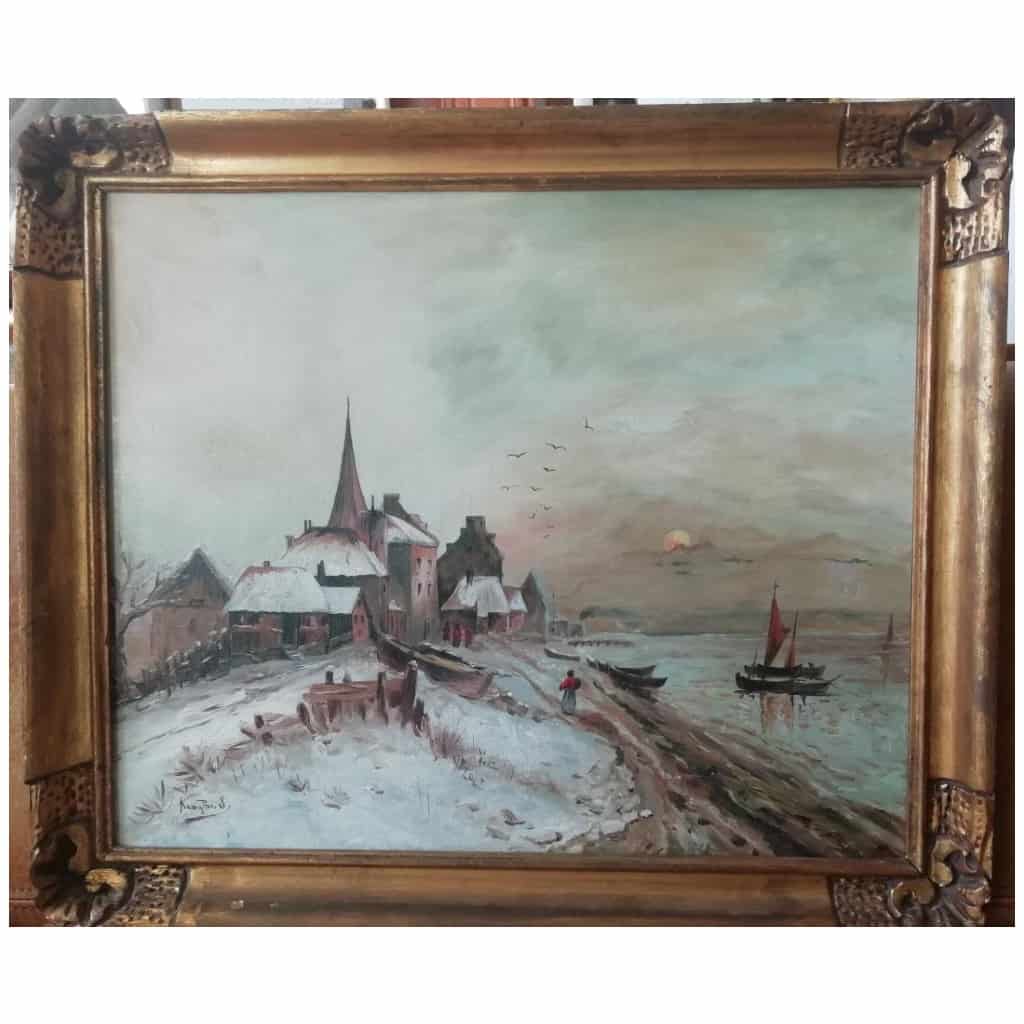 Tableau Huile sur toile  » paysage de neige » signé ARRIGHI datée 1906 avec cadre d’origine 3