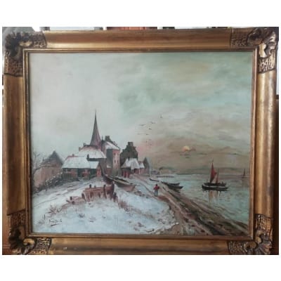 Tableau Huile sur toile  » paysage de neige » signé ARRIGHI datée 1906 avec cadre d’origine