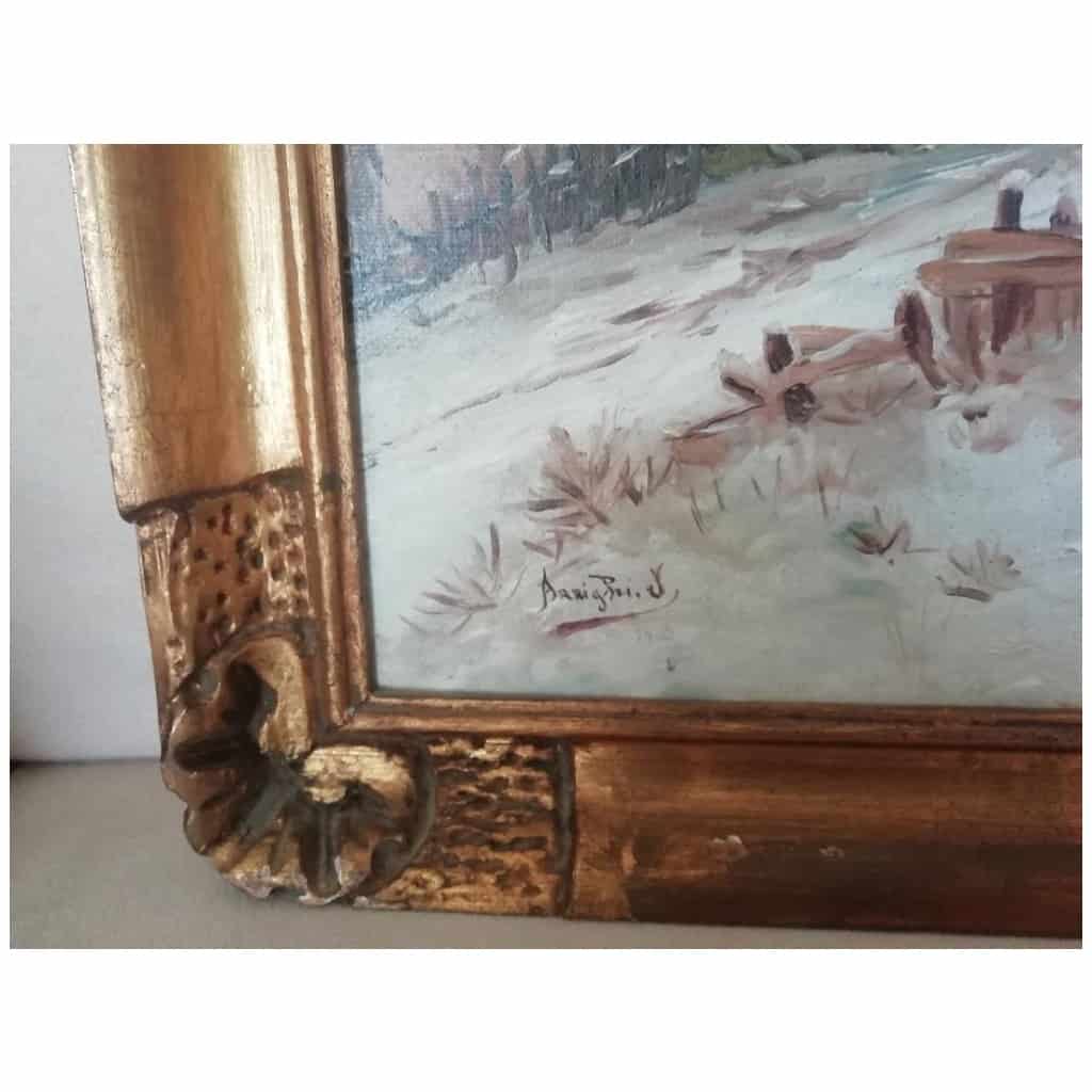 Tableau Huile sur toile  » paysage de neige » signé ARRIGHI datée 1906 avec cadre d’origine 6