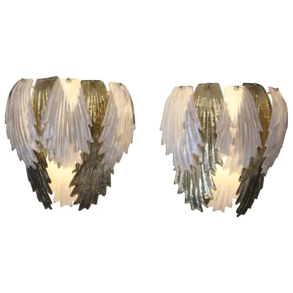 Pair of gold and white Murano glass sconces in the shape of leaves 3