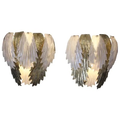 Pair of gold and white Murano glass sconces in the shape of leaves