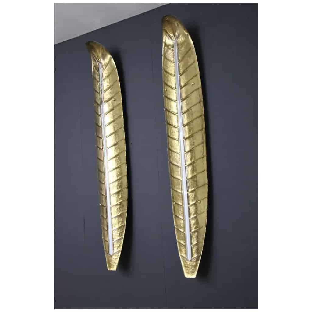 Paire de longues appliques en verre de Murano doré, en forme de feuille, style Barovier 9
