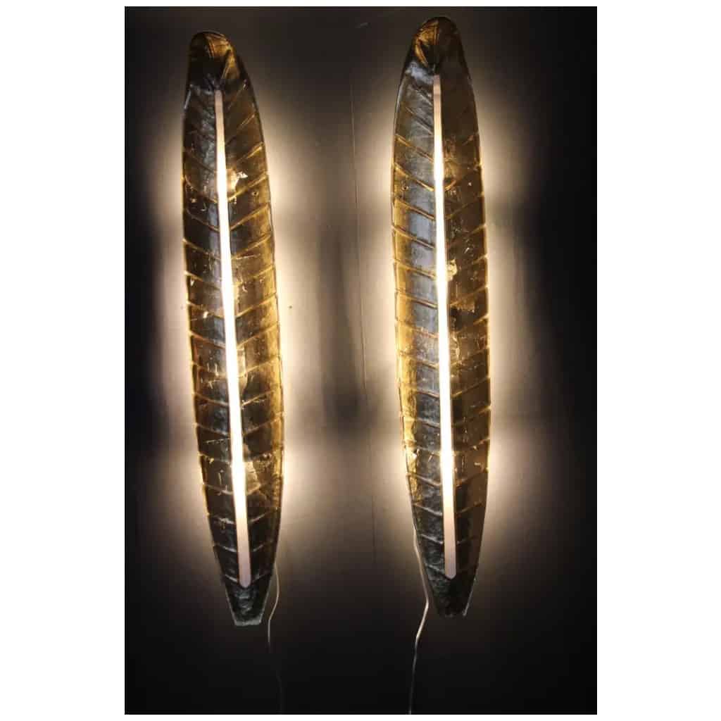 Pair of long golden Murano glass sconces, leaf-shaped, Barovier 6 style