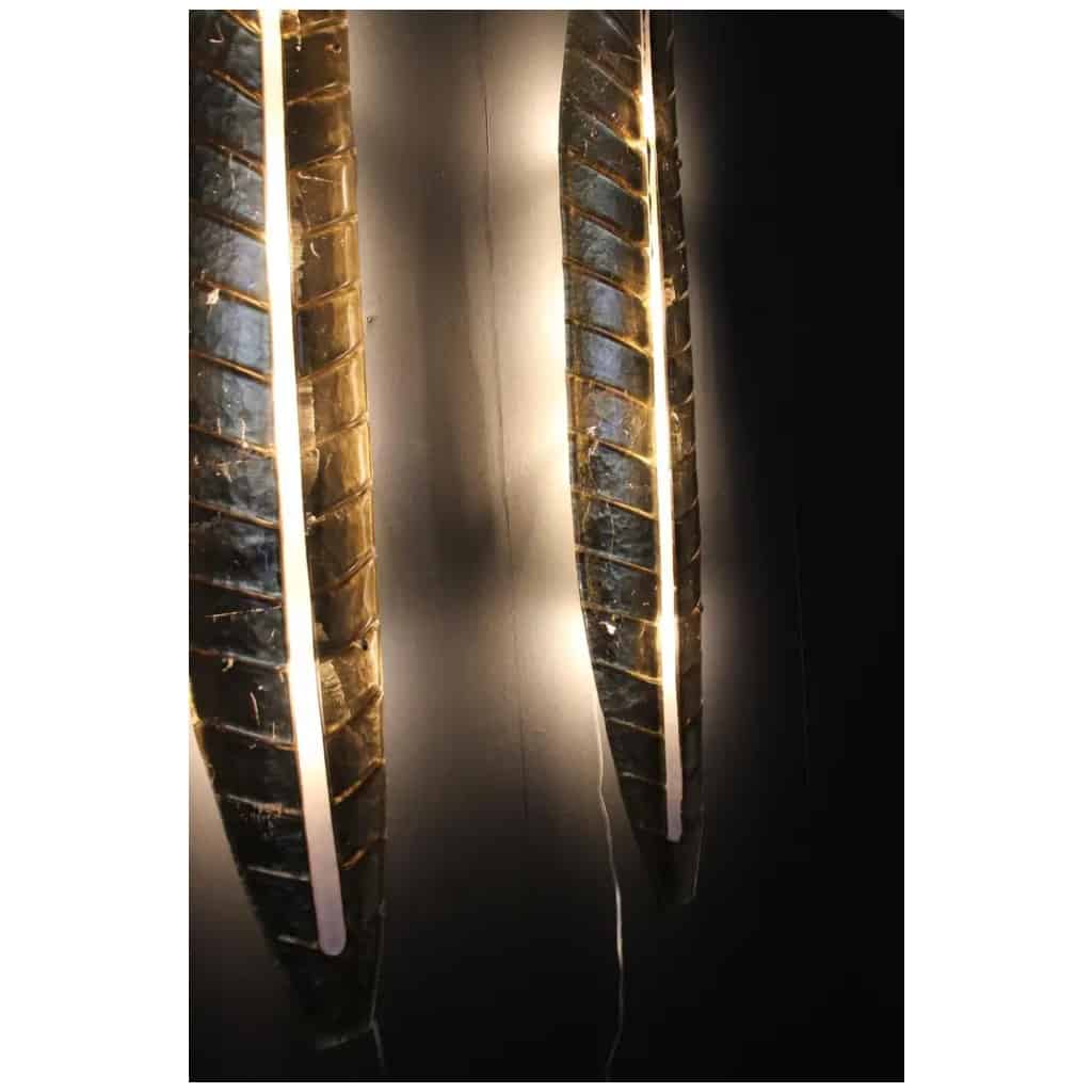 Paire de longues appliques en verre de Murano doré, en forme de feuille, style Barovier 5