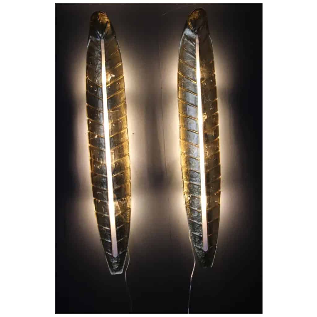 Pair of long golden Murano glass sconces, leaf-shaped, Barovier 15 style