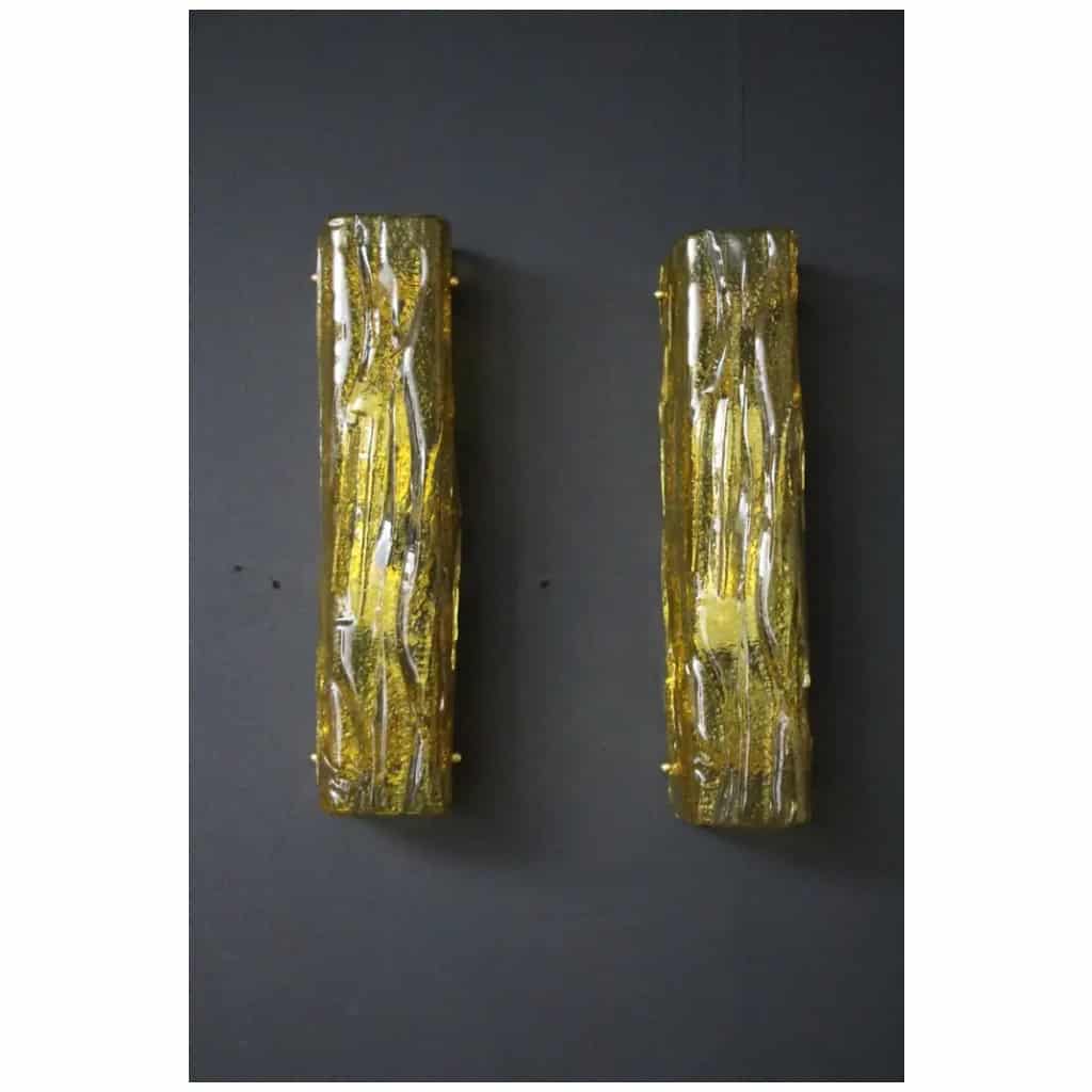 Pair of Murano gold glass wall lights, square tube wall lamps, Mazzega 12 style
