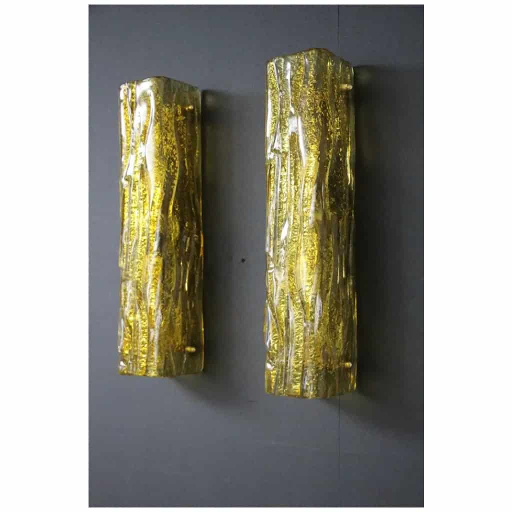 Pair of Murano gold glass wall lights, square tube wall lamps, Mazzega 13 style
