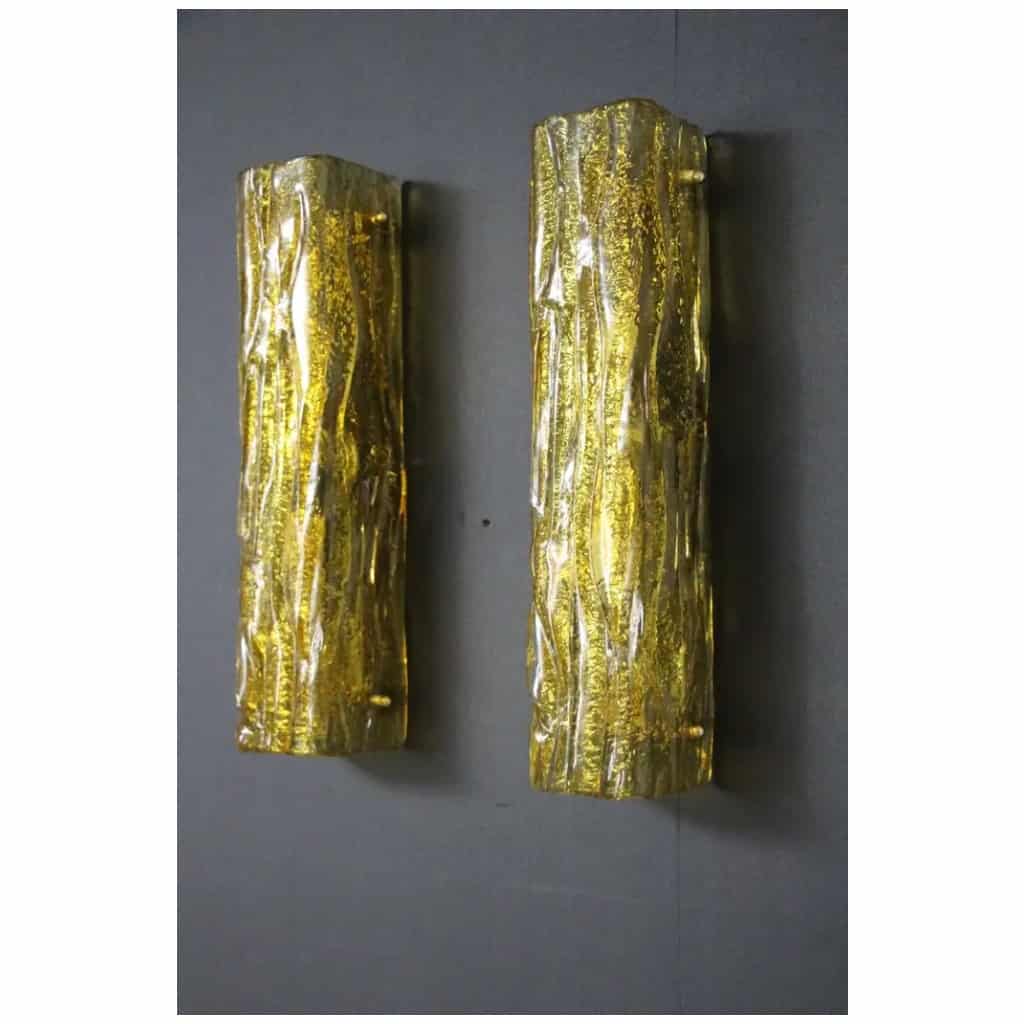 Pair of Murano gold glass wall lights, square tube wall lamps, Mazzega 14 style
