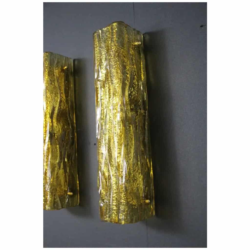Pair of Murano gold glass wall lights, square tube wall lamps, Mazzega 10 style