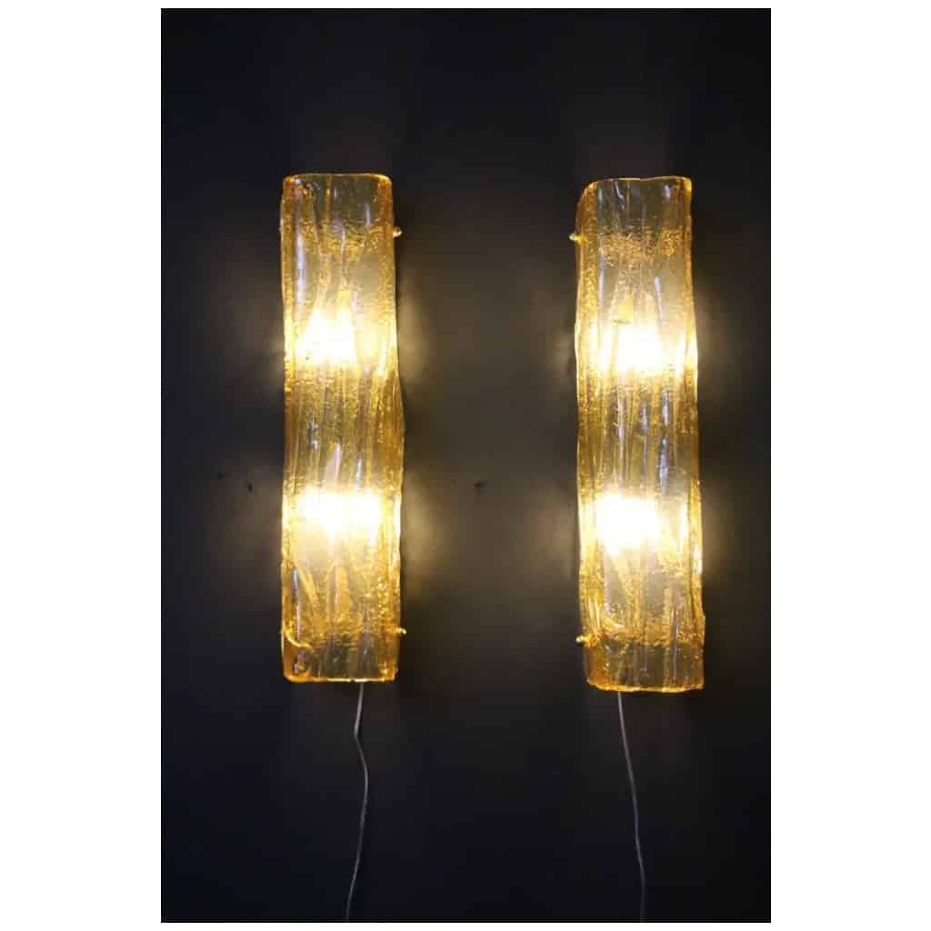 Paire d’appliques en verre doré de Murano, lampes murales à tube carré, style Mazzega 9