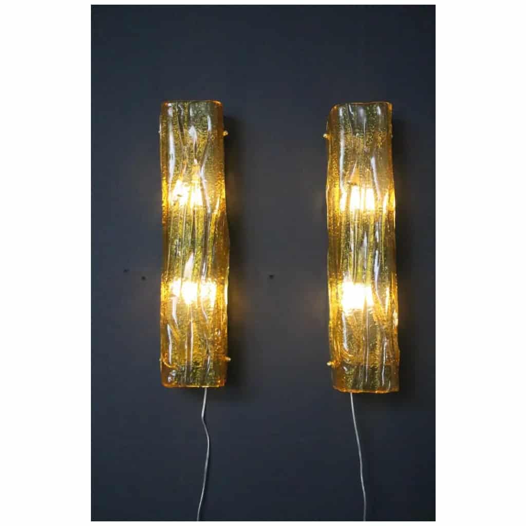 Pair of Murano gold glass wall lights, square tube wall lamps, Mazzega 8 style