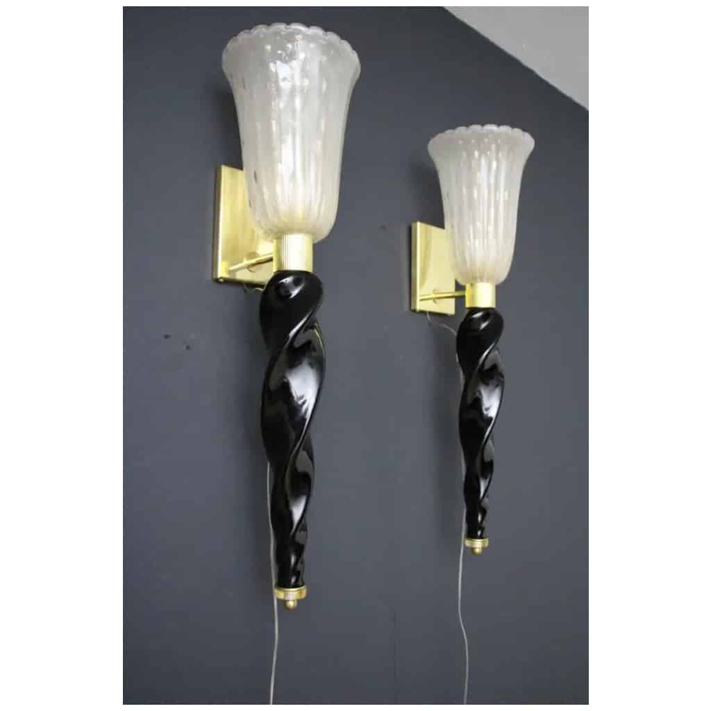 Wall lights in gold and black Murano glass, Barovier style, Torchères 4 wall lights