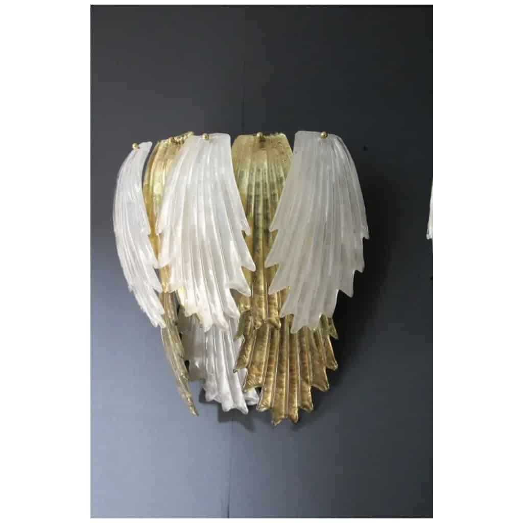 Pair of gold and white Murano glass sconces in the shape of leaves 16
