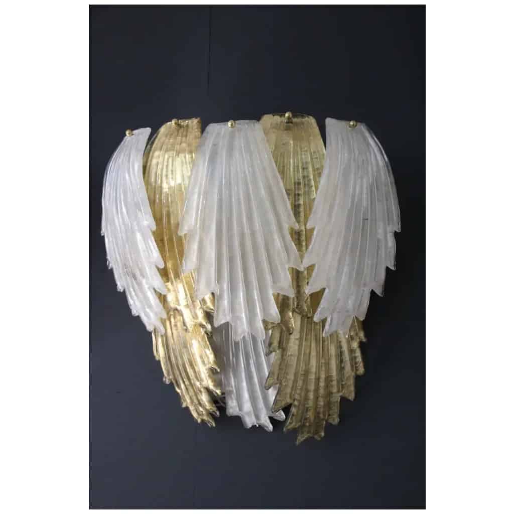 Pair of gold and white Murano glass sconces in the shape of leaves 17