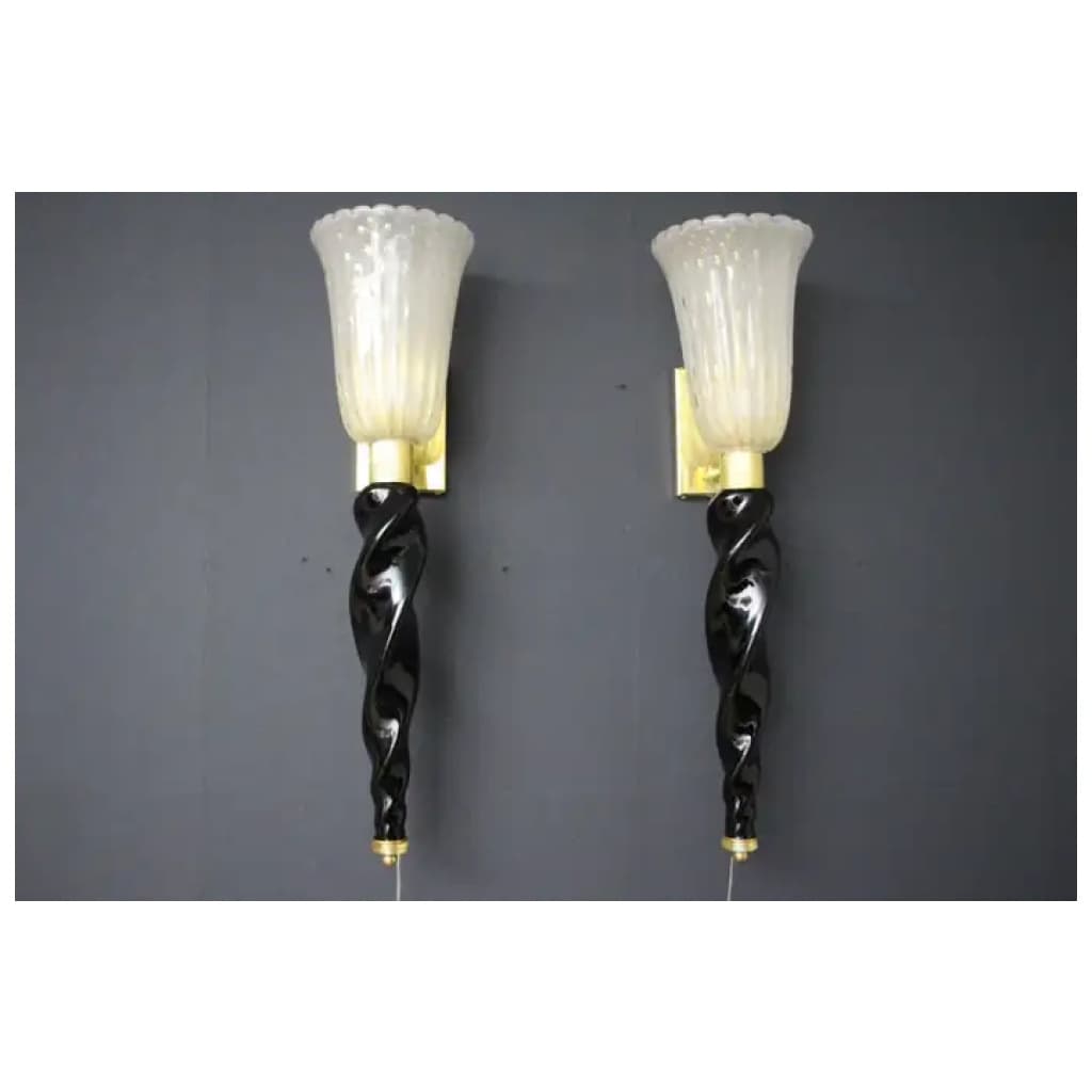 Wall lights in gold and black Murano glass, Barovier style, Torchères 17 wall lights