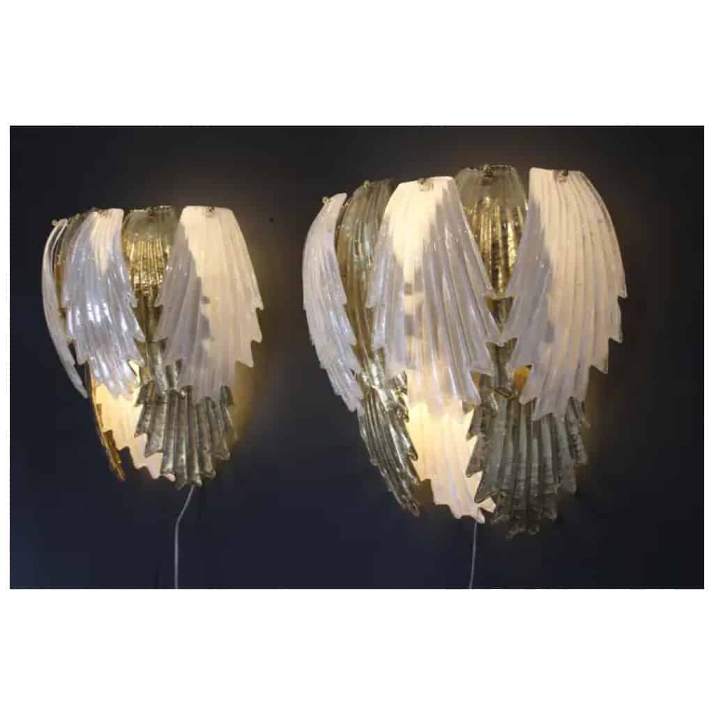 Pair of gold and white Murano glass sconces in the shape of leaves 6