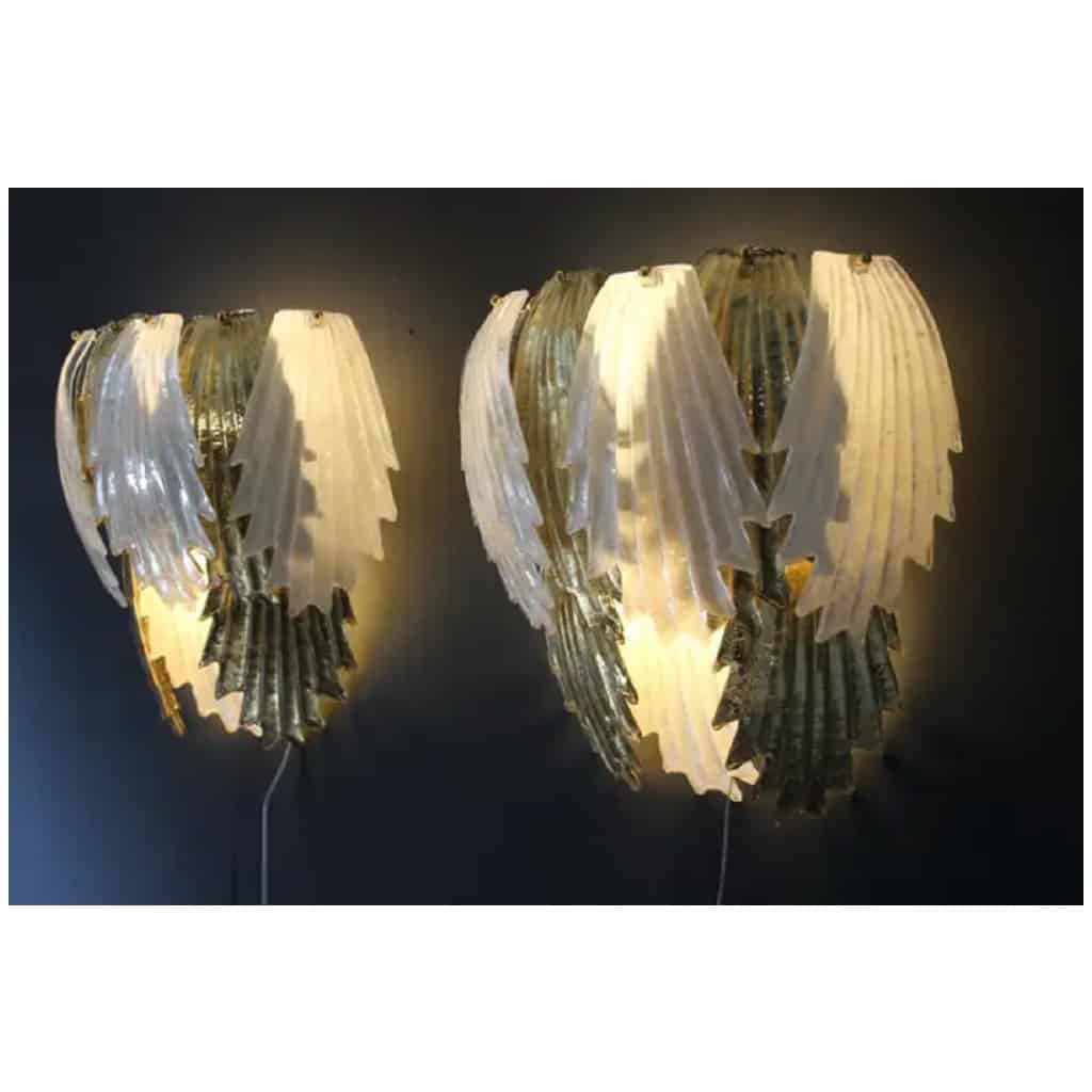 Pair of gold and white Murano glass sconces in the shape of leaves 5