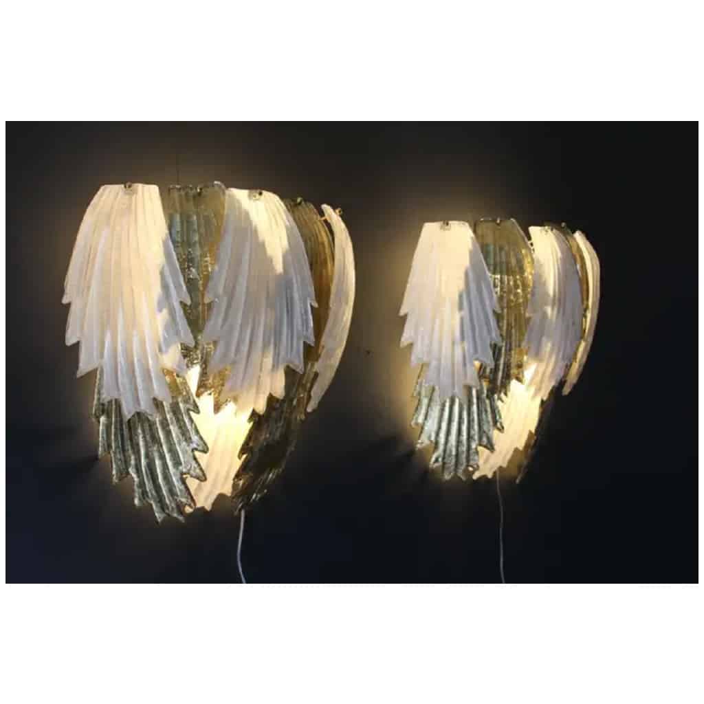 Pair of gold and white Murano glass sconces in the shape of leaves 4