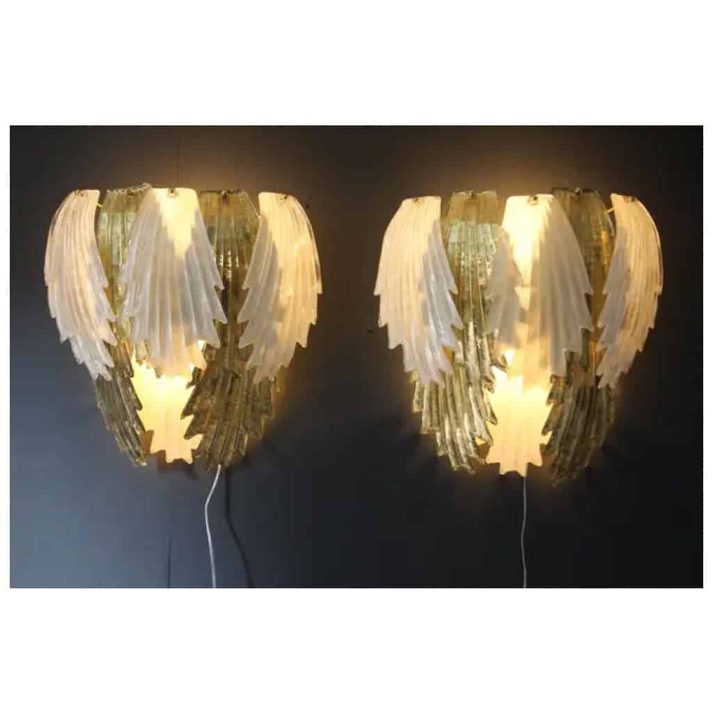 Pair of gold and white Murano glass sconces in the shape of leaves 7