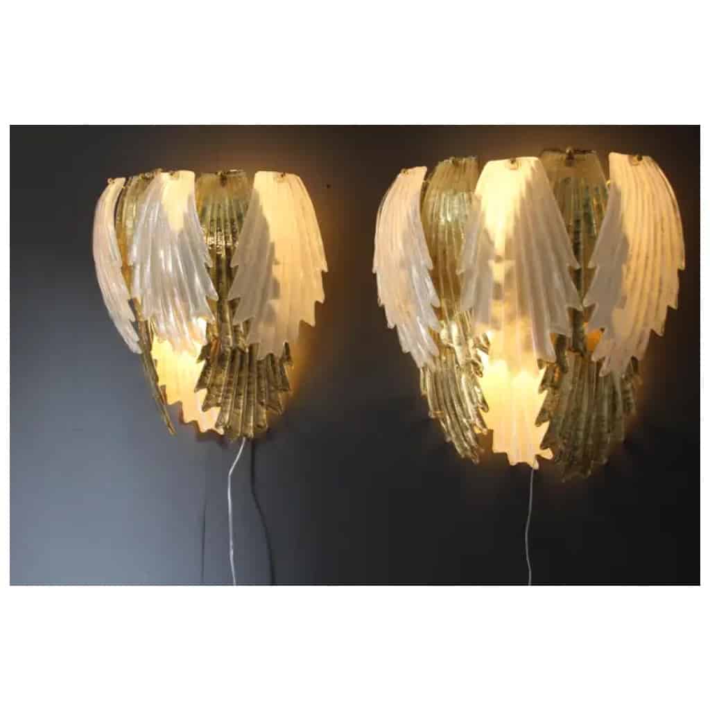 Pair of gold and white Murano glass sconces in the shape of leaves 8