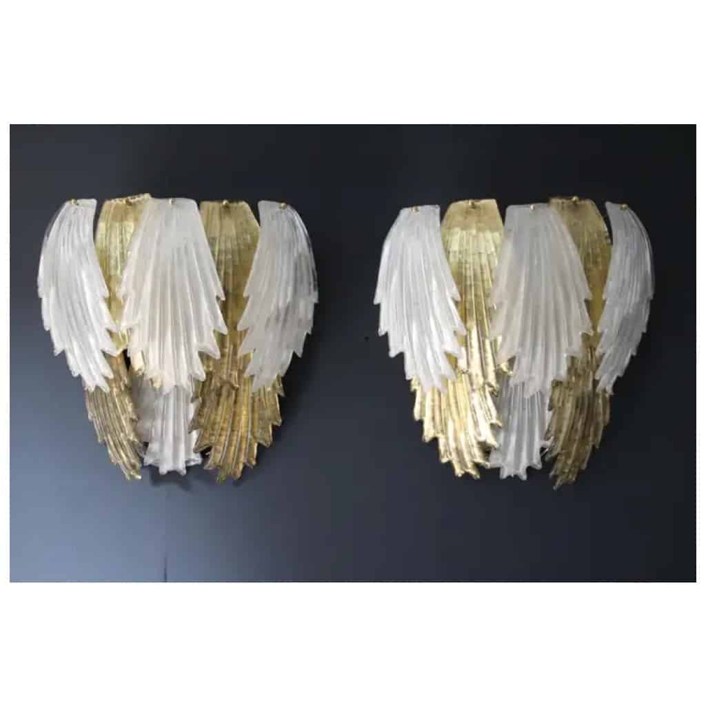 Pair of gold and white Murano glass sconces in the shape of leaves 9