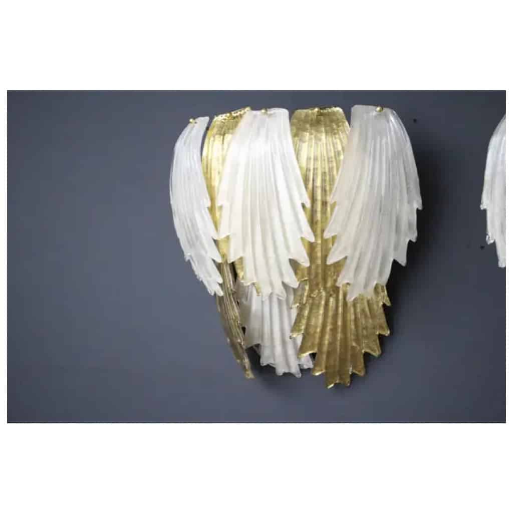 Pair of gold and white Murano glass sconces in the shape of leaves 11