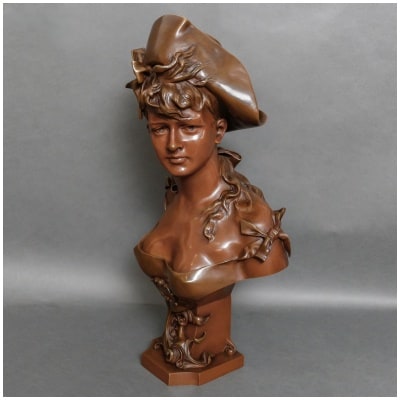 Sculpture – Buste D’ Élégante Au Chapeau , Alphonse Henri Nelson (1854-1919) – Bronze