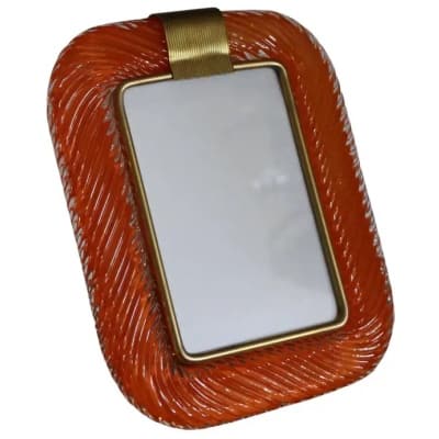 Orange twisted photo frame from the 2000s in Murano glass and brass